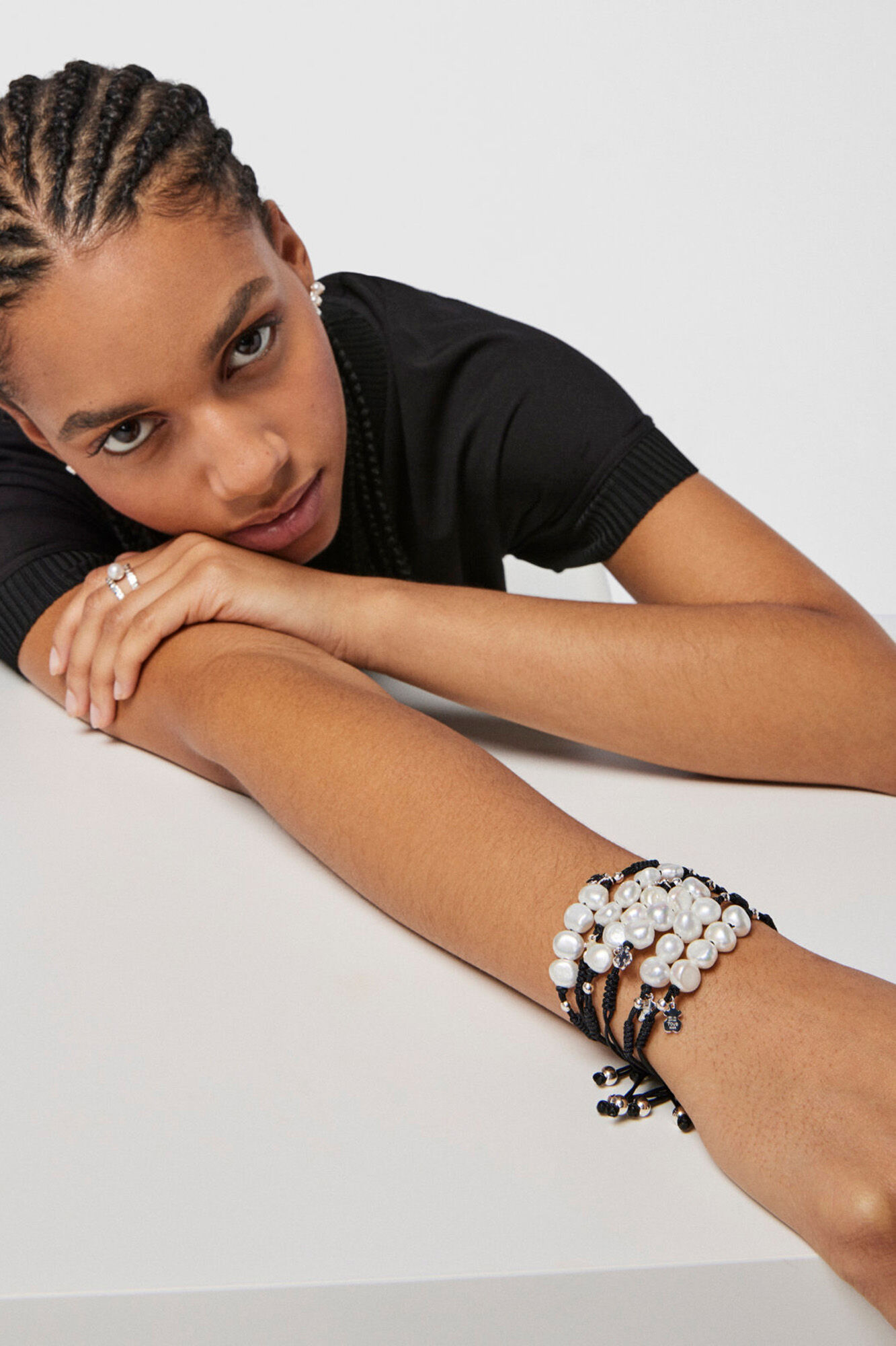 Pulsera de cordon, plata y perlas cultivadas - Gris