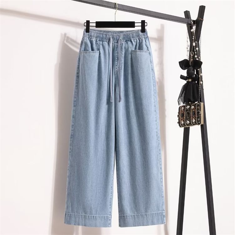 Krezol - Plus Size High Rise Washed Wide Leg Jeans