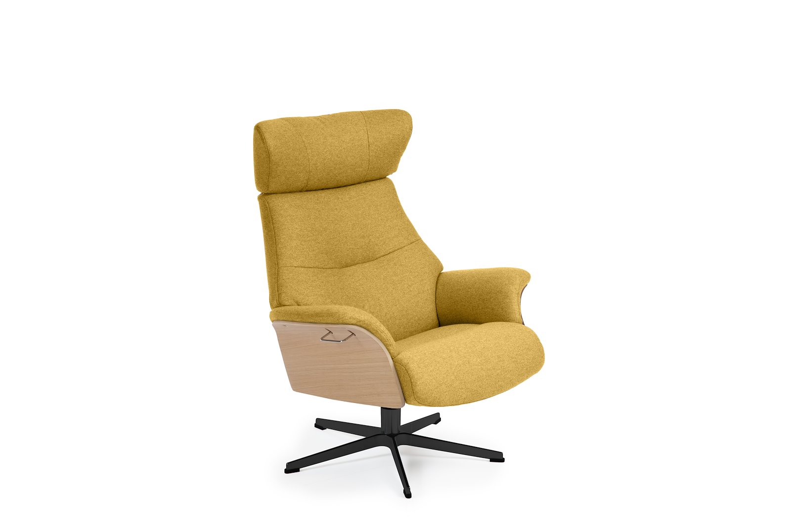 Air lenestol I tekstil Sheford 1383-17 Mustard, høy standard svingfot sort alu. Skrog i ubehandlet eik