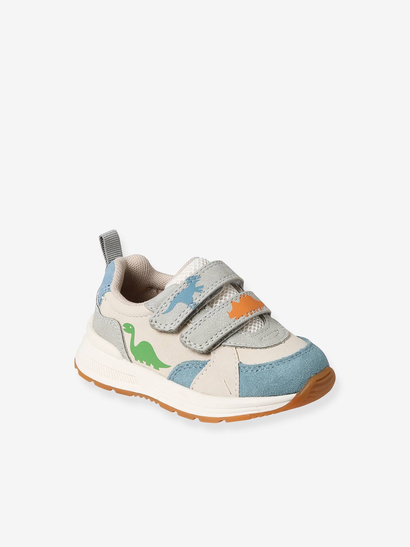 Tênis infantil com fecho de velcro, estampa de dinossauro, branco