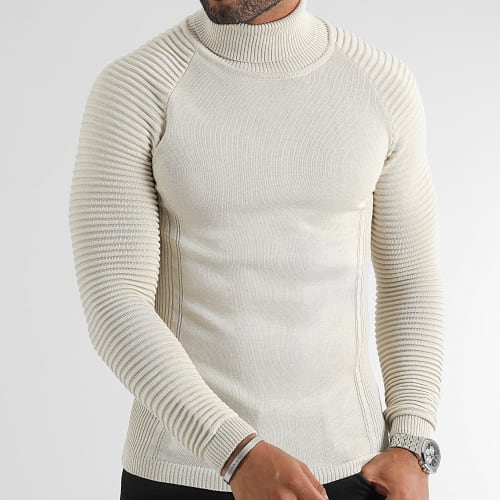 Pull Col Roulé Avec Empiecement Uni 0356 Beige