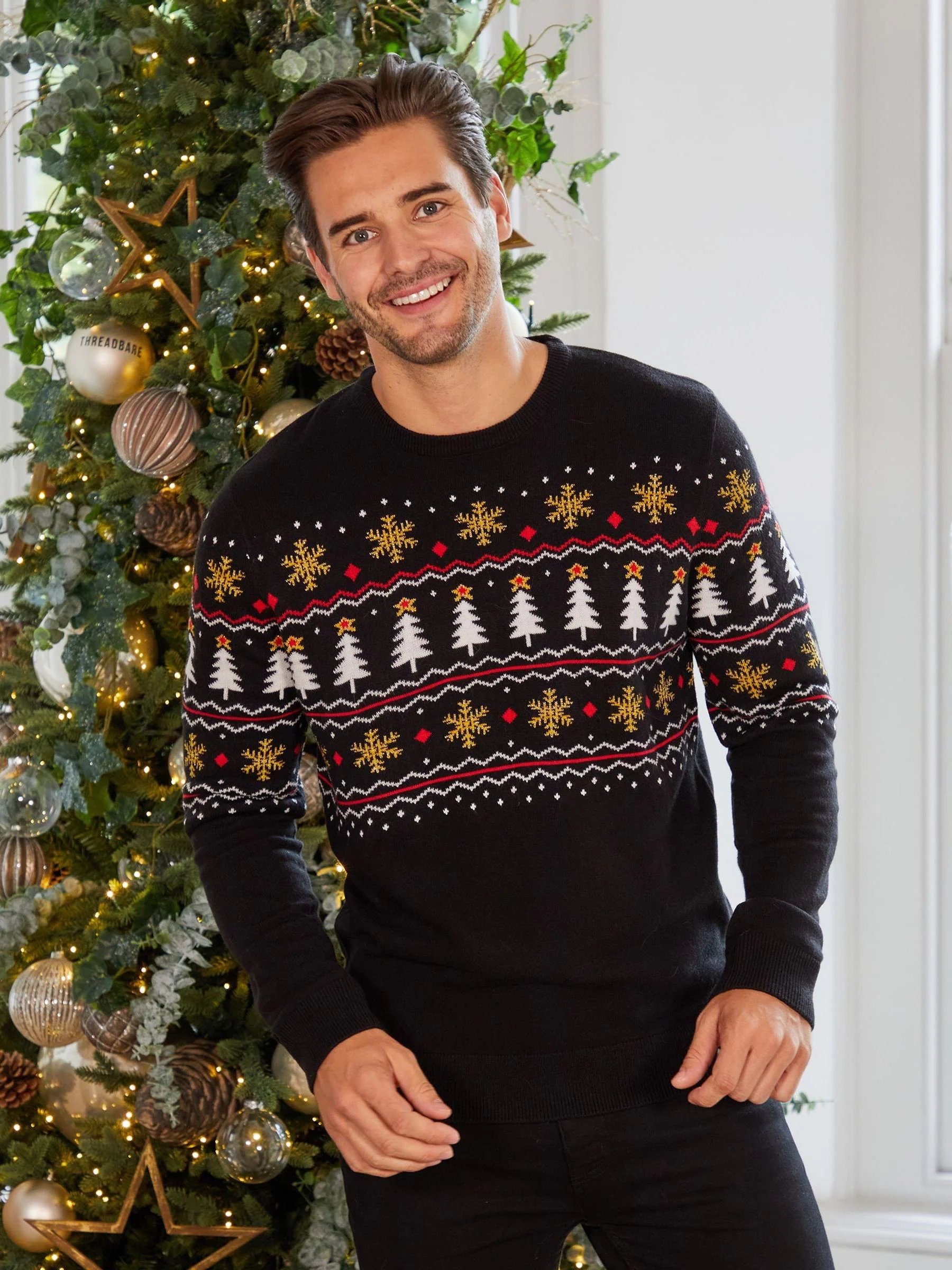 Zwart - Threadbare kersttrui met ronde hals