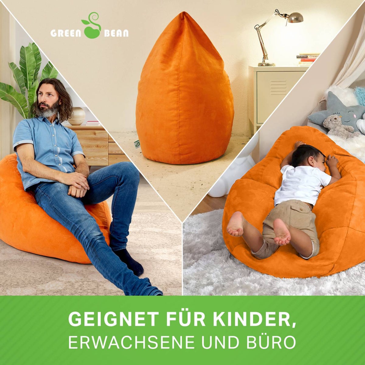 Green Bean Zitzak met rugleuning 60x60x90cm - Binnenzitkussen 220L vulling, comfortabel, wasbaar - Zitzak vloerkussen, loungestoel, voetenbank - oranje