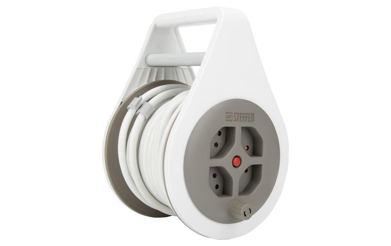 Kabelrolle mit Griff 4 x T13, Weiss / Grau, 7 m KabelKompakte Kabeltrommel aus Kunststoff mit Griff