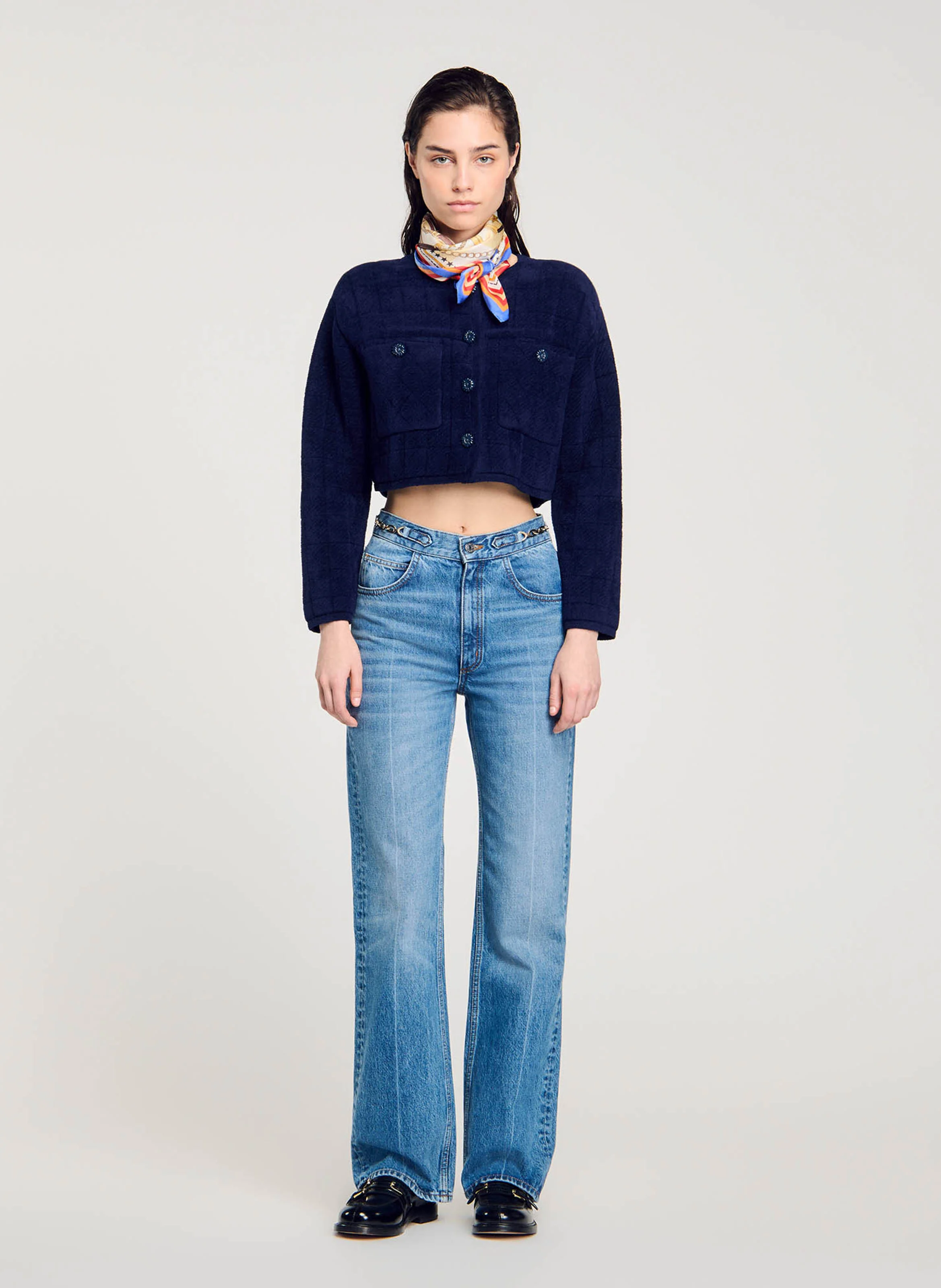 Veste col rond droite en maille | Bleu