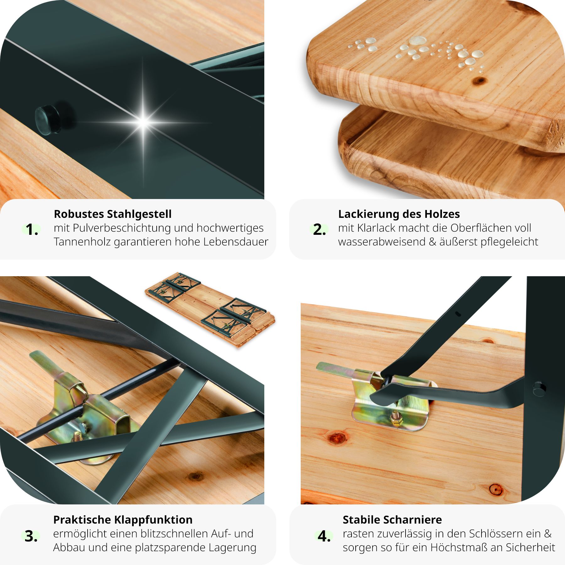 tectake® Bierzeltgarnitur, 3-teilig, belastbar, Holzlackierung mit Klarlack