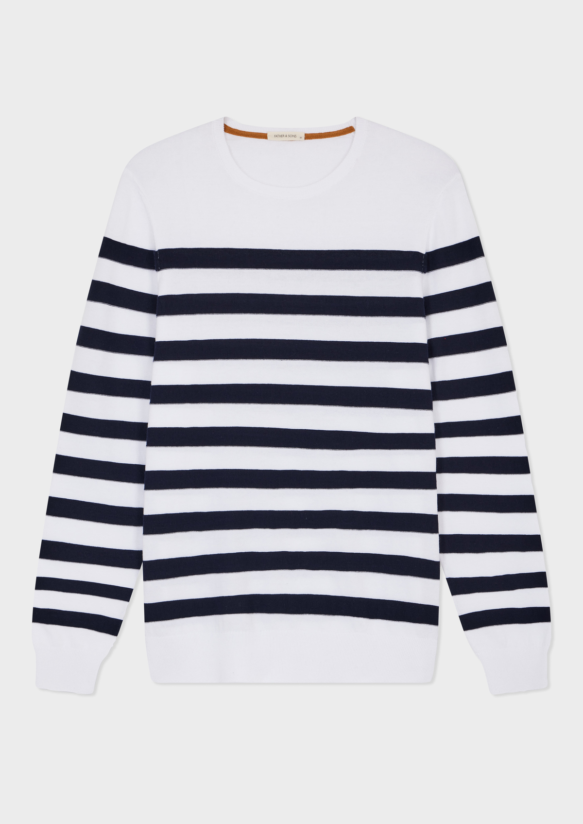 Pull col rond en coton blanc à rayures bleu marine