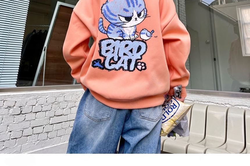 SeoulPop - Losse sweatshirt met vogel- en kattenprint