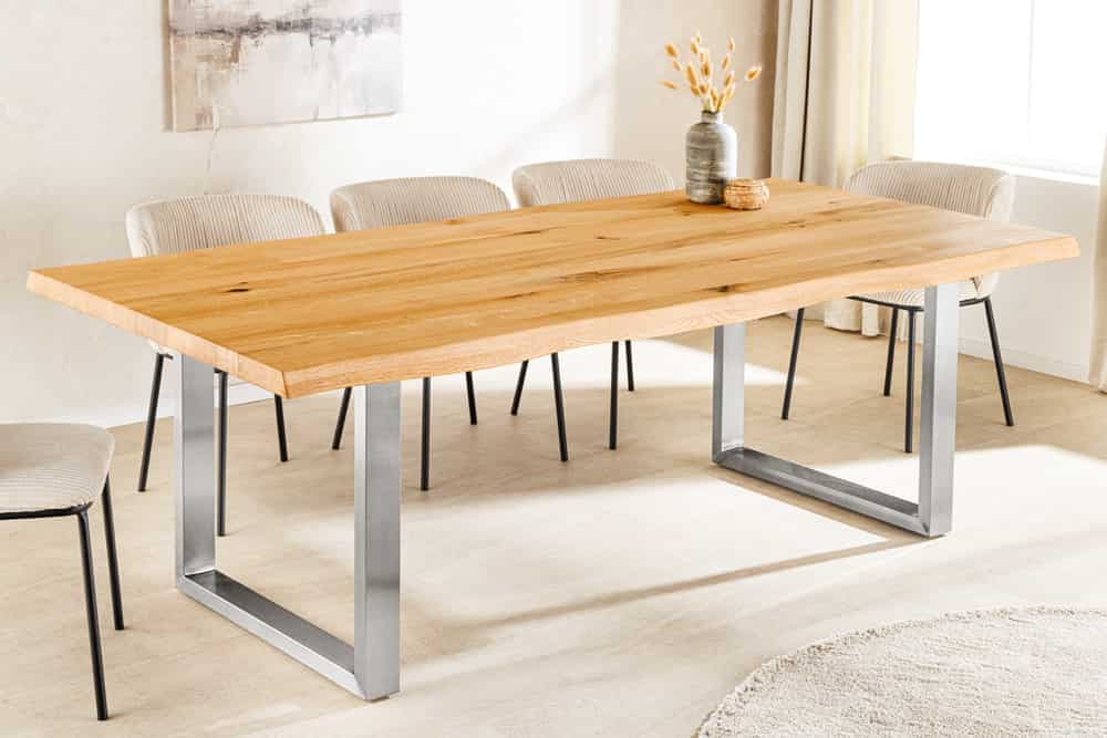 Massiver Esstisch WILD OAK 160cm natur silber Wildeiche Baumkante Edelstahl U-Gestell