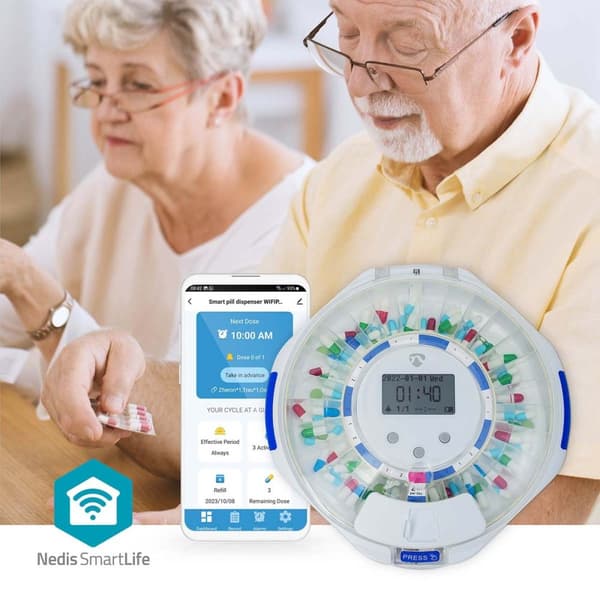 SmartLife Pilledispenser | Wi-Fi | 28 Rom | Antall alarmtider: 9 alarmtider per dag | Lys / Pip / Stemme | LCD-skjerm | Hvit