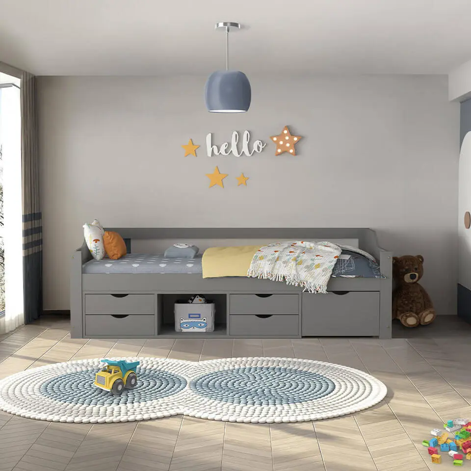 HOME DELUXE COSMOS kinderbed met lades en matras - 90 x 200 cm grijs