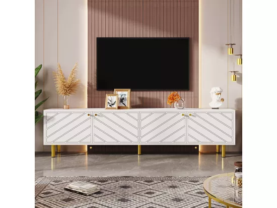 Banc TV avec quatre portes,poignées et pieds en métal doré,170x30x60 cm,Blanc
