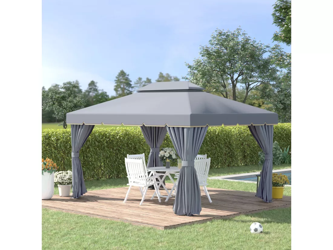 Tonnelle barnum pavillon de jardin style colonial double toit toile moustiquaires et toiles amovibles 3,9L x 2,9l x 2,8H m gris