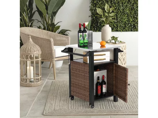 Desserte de jardin chariot roulant à une porte avec armoire de rangement en osier plateau en acier inoxydable roues et poignée latérale couleur marron