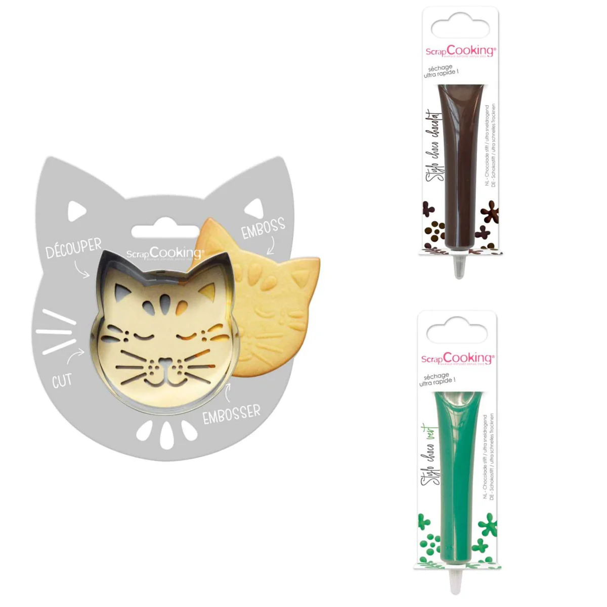 Kit pour biscuit en relief Chat + 2 Stylos au chocolat marron et vert