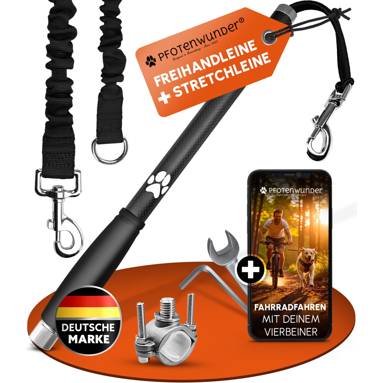 PfotenWunder® Freihandleine Fahrrad für Hunde + 1 elastische Leine & 1 Trainingsbuch, extra dicke 6mm-Leine | Abstandhalter Fahrradhalter aus hochwertige Karbonfasern mit Stoßdämpfern