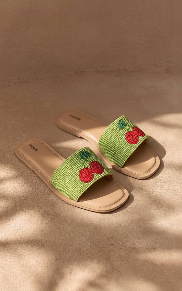 Vert Sandales Mules Plates Ornées De Cerises