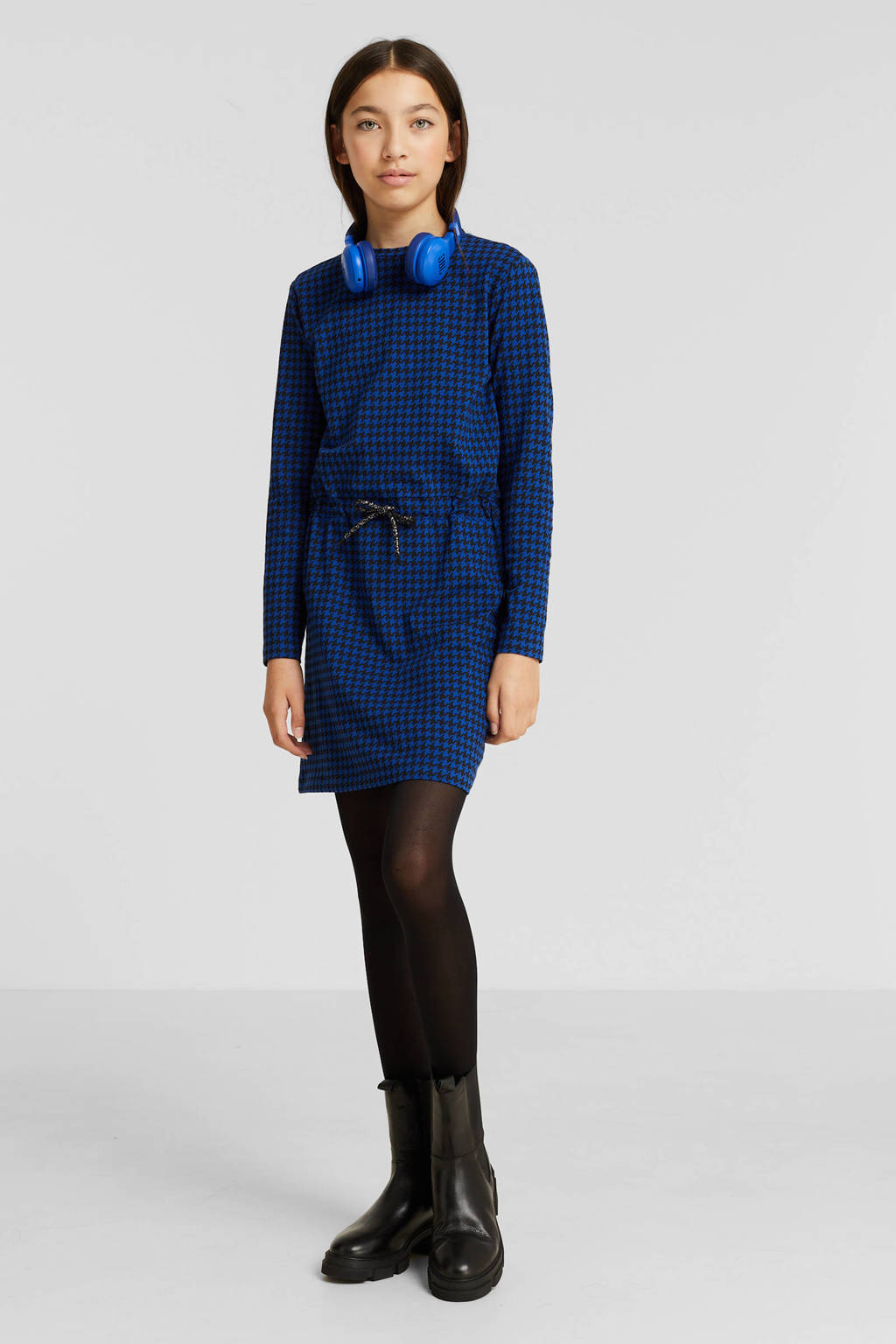 anytime jurk met pied-de-poule print blauw