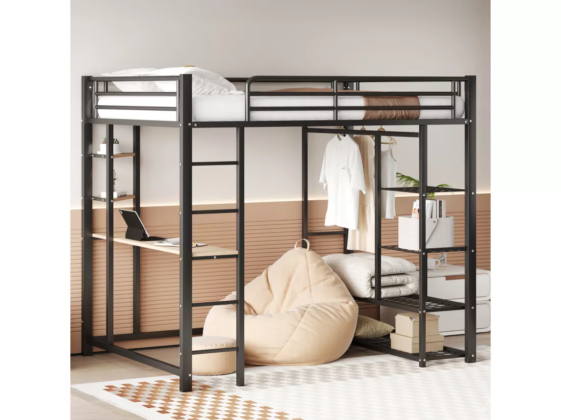 Lit mezzanine 140 x 200 cm avec bureau et étagères de rangement - métal - sommier à lattes - noir (sans matelas)