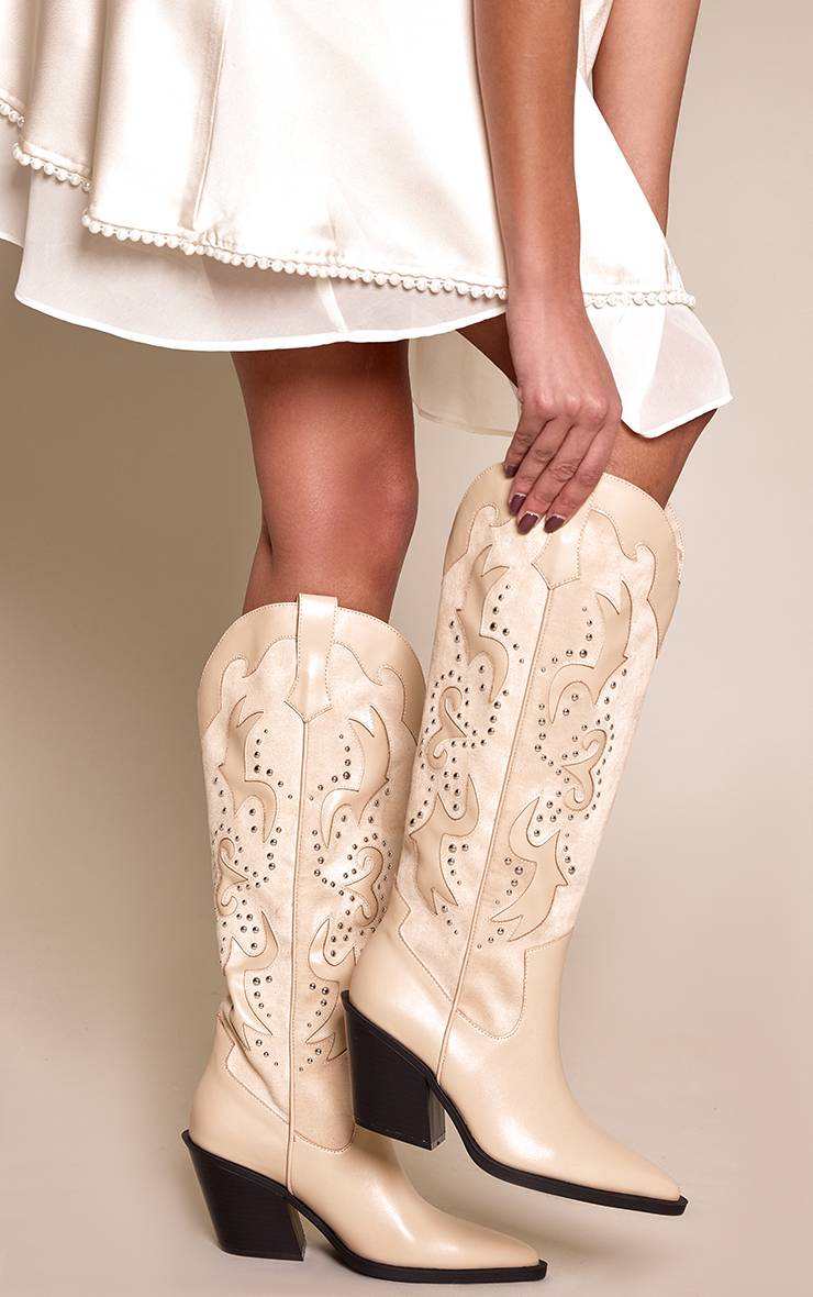Crème Bottes Western Montantes À Talon Bloc