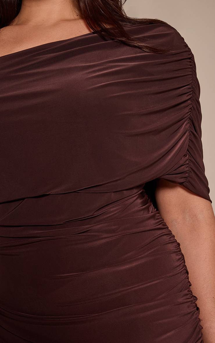 Chocolat Robe Longue Grande Taille À Double Couche Slinky Bardot Froncée