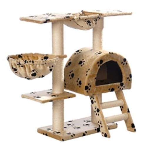 Arranhador bege para gatos com pegadas de patas.