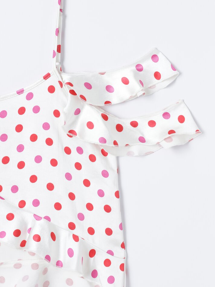 Blusa de cetim com estampa de bolinhas - Branca/vermelha