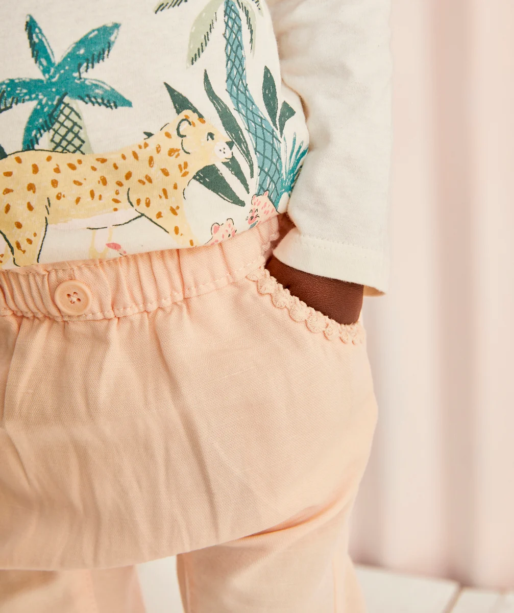 PANTALON FLUIDE BÉBÉ FILLE ROSE EN TENCEL ET LIN
