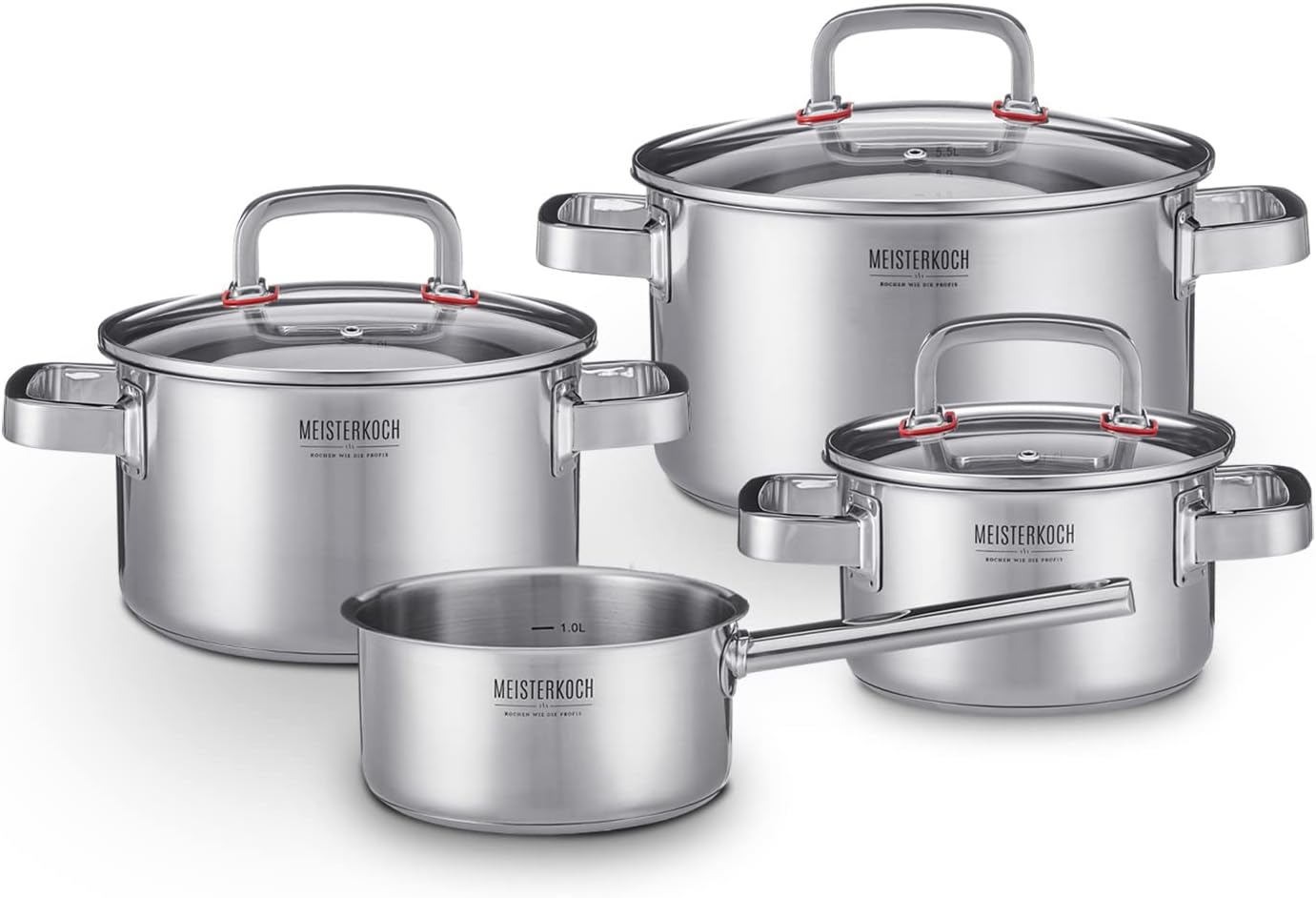 MEISTERKOCH Premium-Topfset aus rostfreiem Edelstahl | Profi-Kochgeschirr 4-teilig inklusive 3 Glasdeckel | isolierende Kaltgriffe, Induktion, Innenskala | 16-24 cm Durchmesser