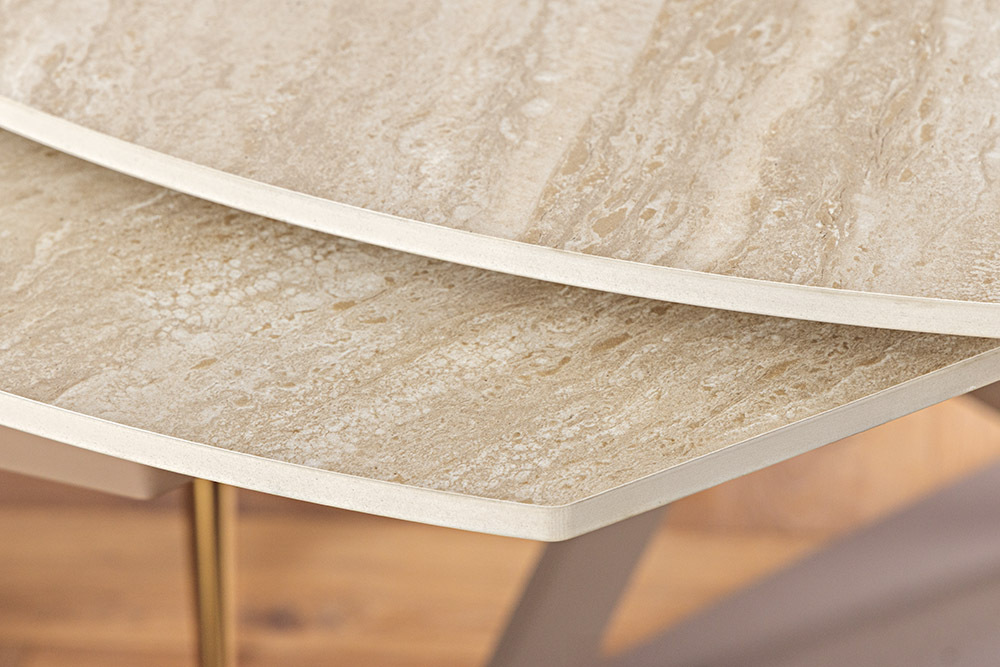 Ausziehbarer Esstisch INCEPTION 130-190cm oval Travertin Keramik champagner greige