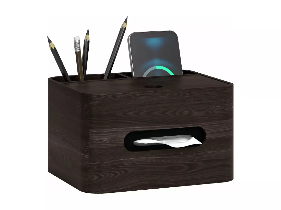 Organiseur de bureau rangement bureau - 2 compartiments, boîte à mouchoirs - aspect bois foncé