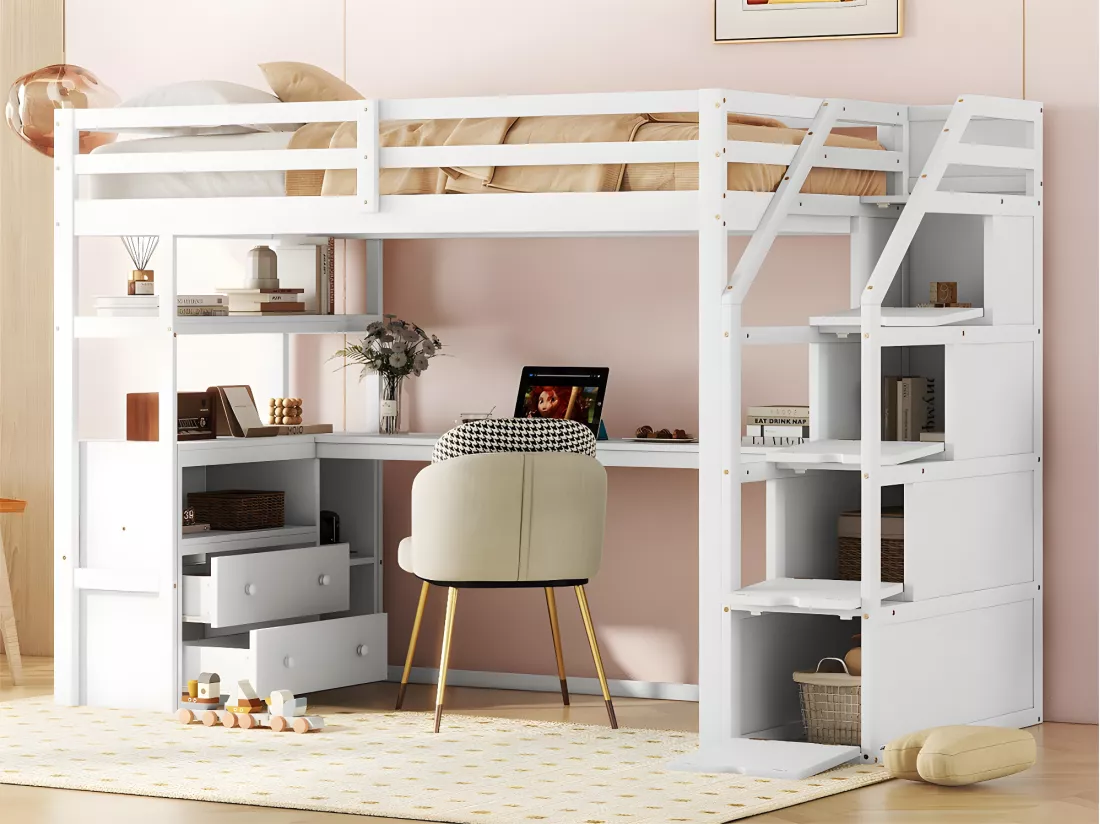 Lit mezzanine 90x200 cm - avec bureau et échelle de rangement - Blanc
