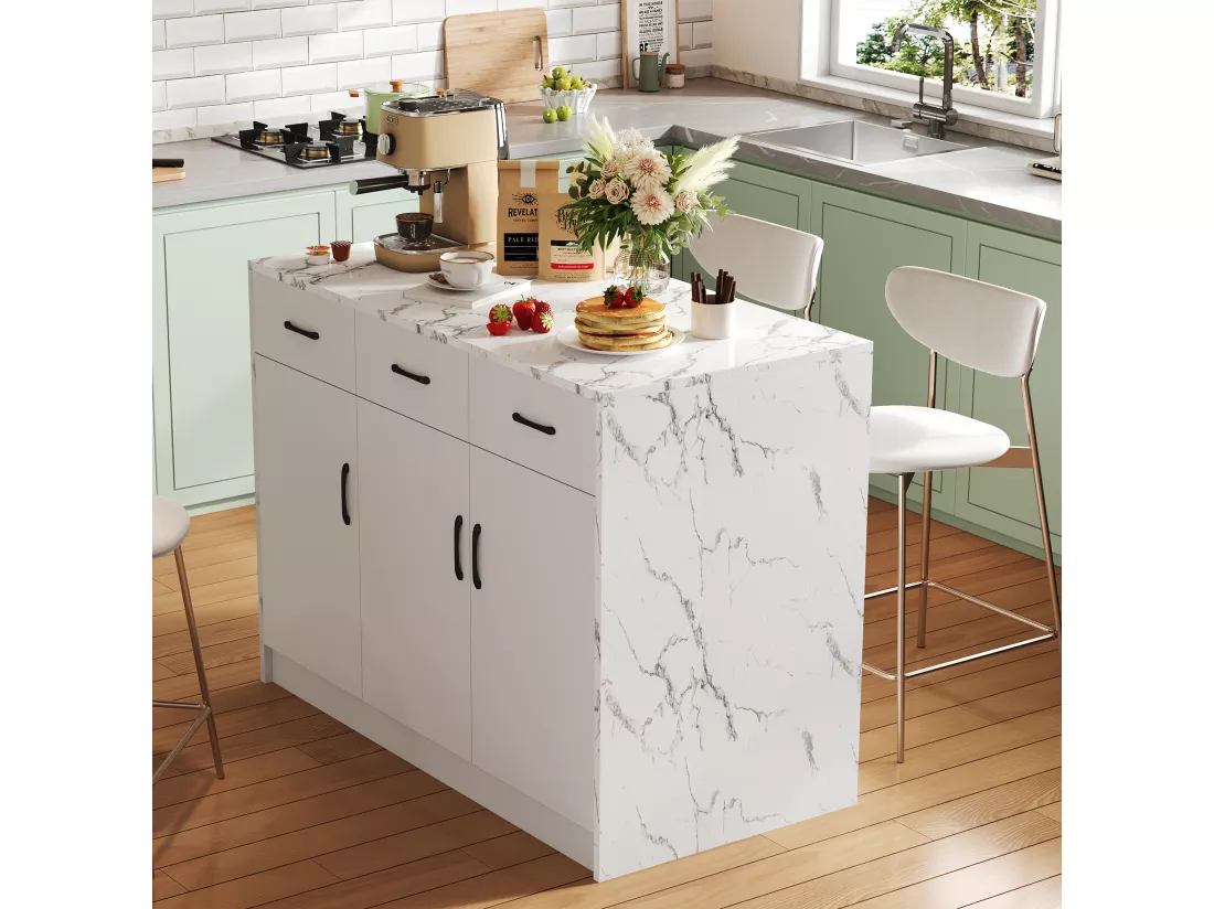 Ilot central de cuisine avec 3 portes et 3 tiroirs - 112 x 60 x 90.5 cm - Plateau en effet marbre - Bois MDF - Blanc