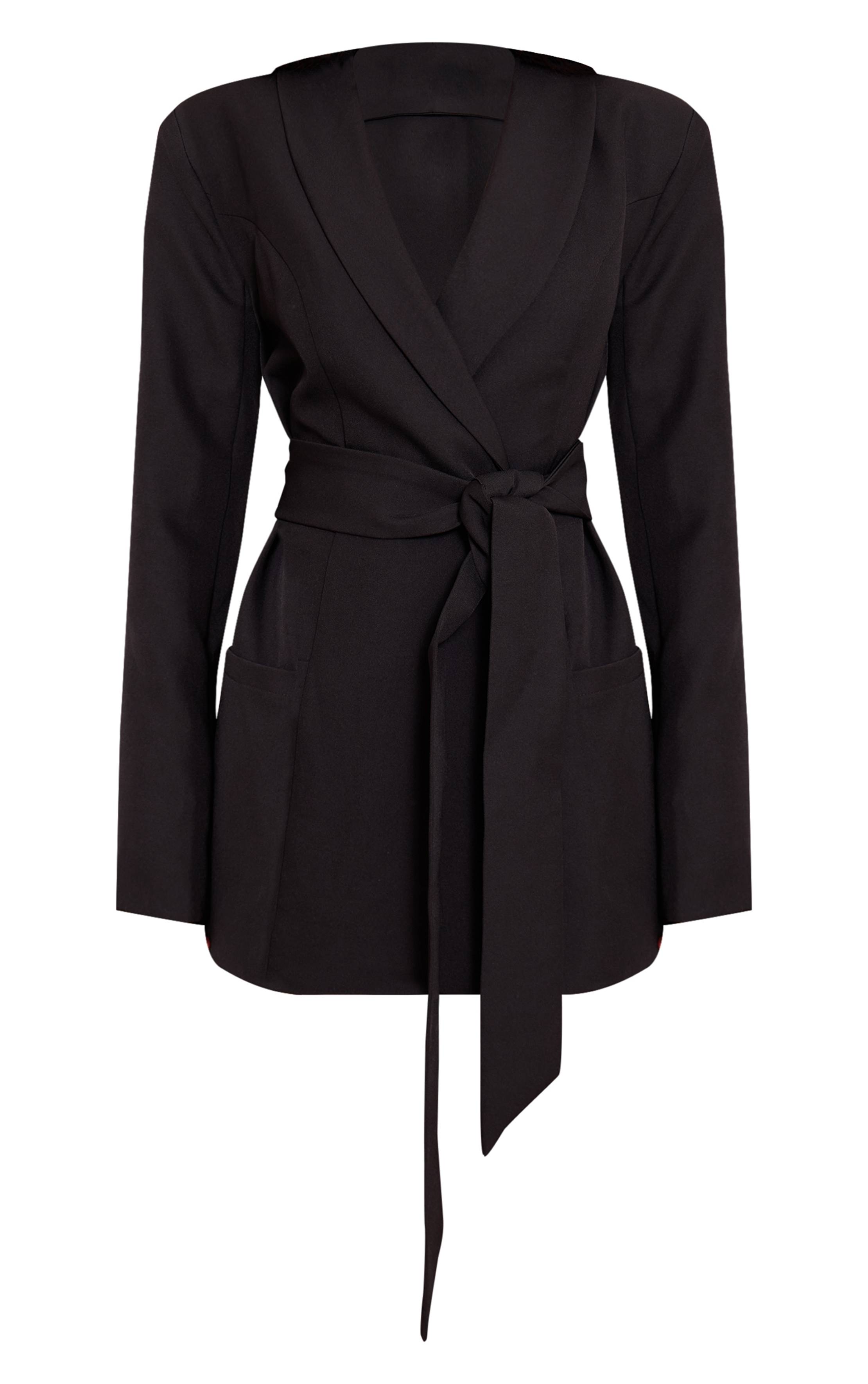 Noir Robe Blazer Cintrée Petite Taille Avec Ceinture À Nouer