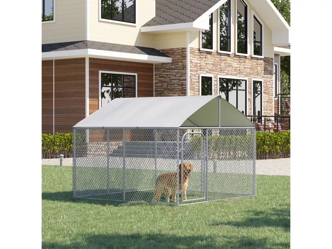 Chenil extérieur avec toit pour chien 5 m² - parc grillagé 230 x 230 x 175 cm - espace couvert - acier galvanisé