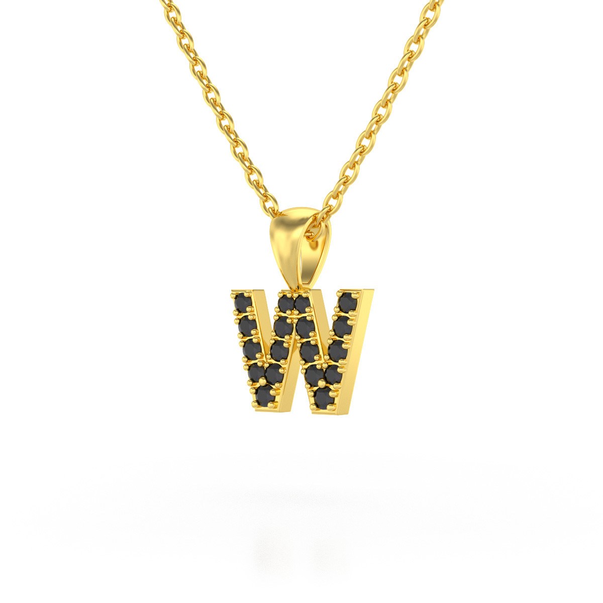 Collier Pendentif ADEN Lettre W Or 750 Jaune Diamant Noir Chaine Or 750 incluse 0.72grs