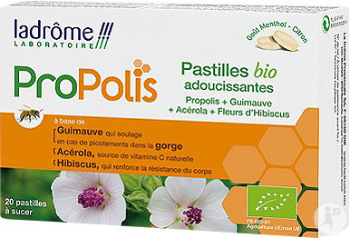 Ladrôme ProPolis Pastilles Adoucissantes Bio Goût Menthol-Citron 20 Pastilles À Sucer