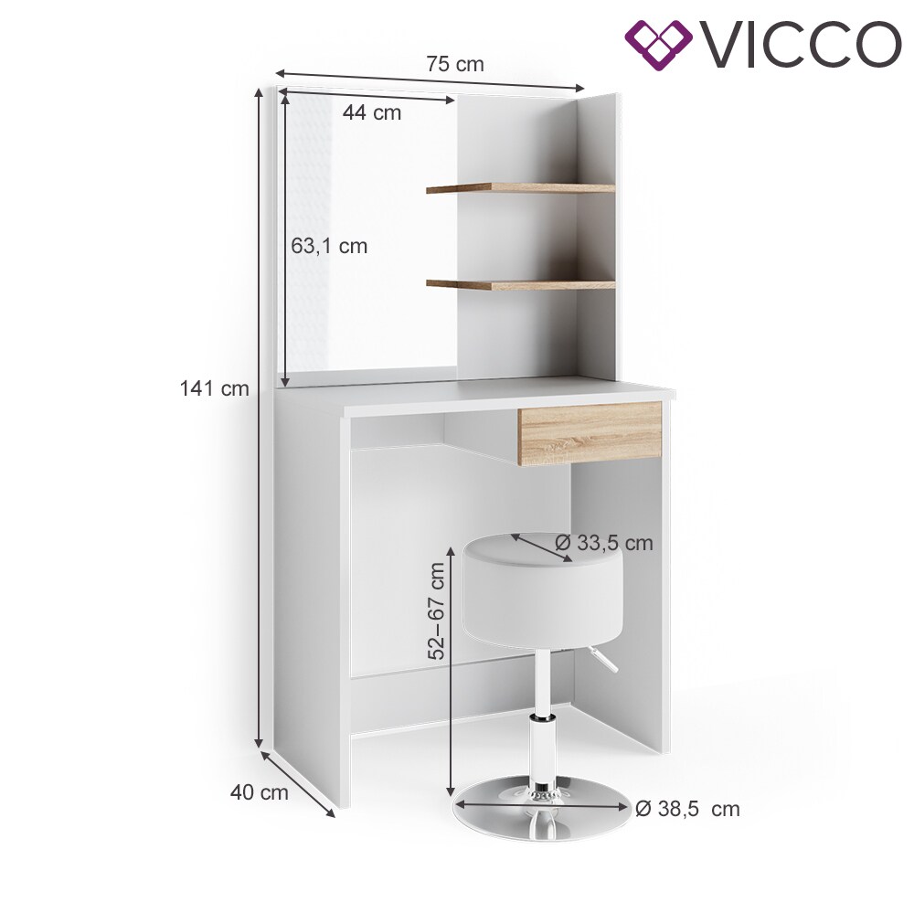 VICCO Schminktisch DEKOS Frisiertisch Kommode Kosmetiktisch Weiß Eiche Hocker
