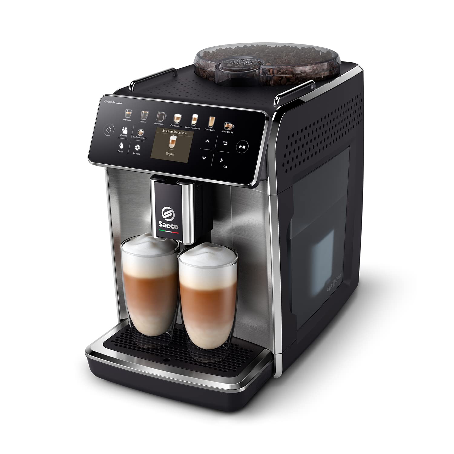 Saeco GranAroma Machine Expresso - Café à Grain - 16 Spécialités de Café, Écran Couleur Intuitif, 4 Profils Utilisateur, Broyeur en Céramique (SM6585/