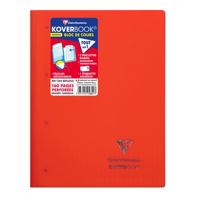 Clairefontaine Koverbook - Bloc de cours agrafé A4+ - 160 pages détachables perforées - grands carreaux (Seyes) - disponible dans différentes couleurs