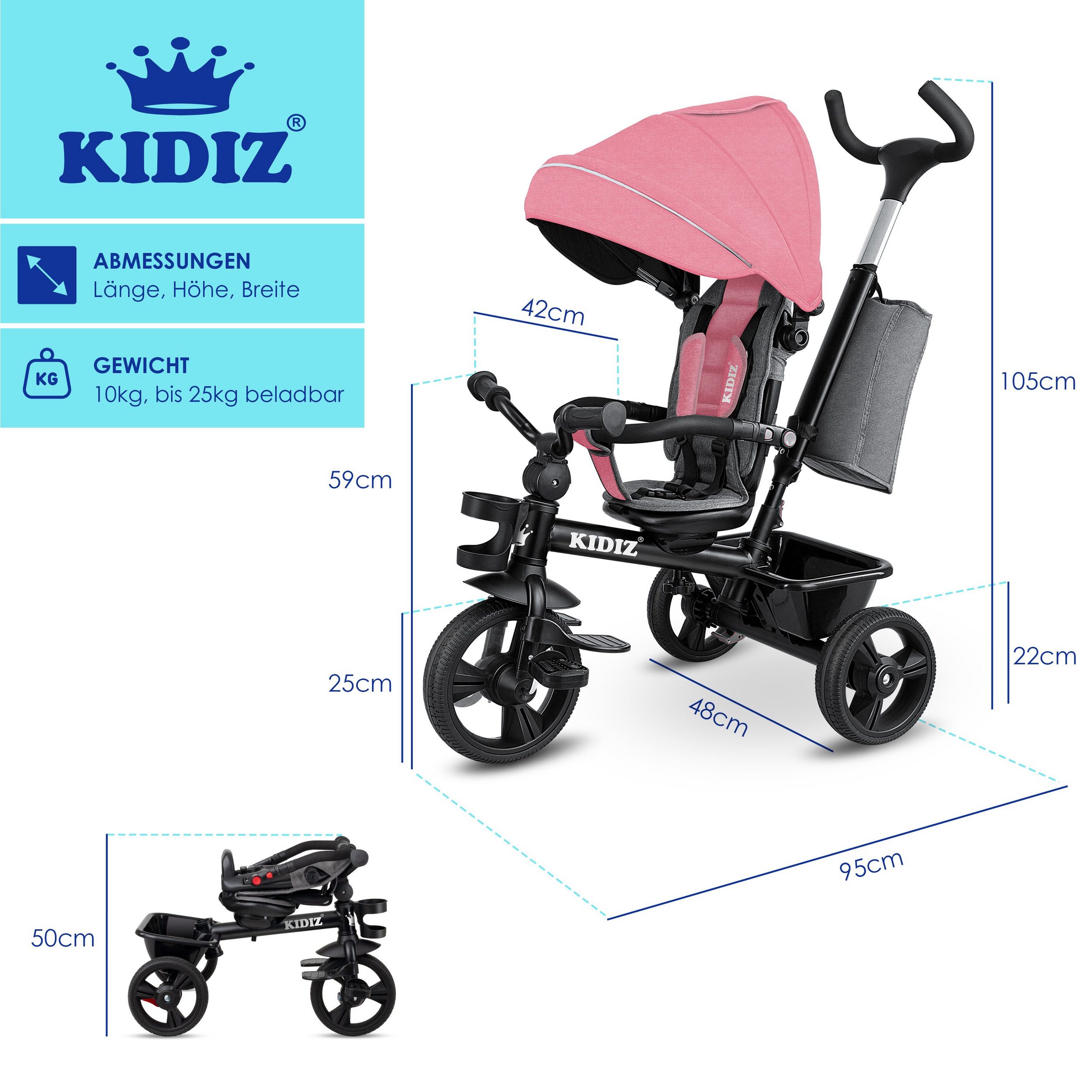 Triciclo infantil KIDIZ 5 em 1 com barra de empurrar e sistema de direção.