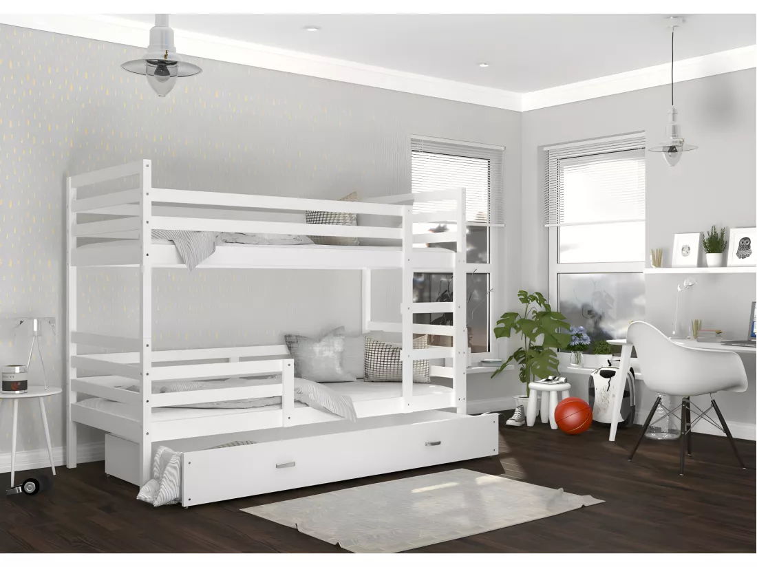 Lit Superposé Milo 90x190 Blanc - blanc Livré avec sommiers, tiroir et matelas en mousse de 7cm