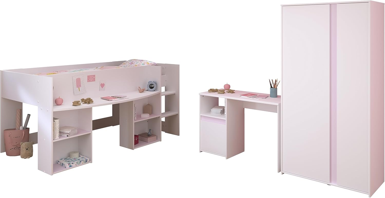 Parisot Jugendzimmer Pirouette 13 3teilig Weiß und Rosa/Kieselgrau mit Kleiderschrank, Hochbett und Schreibtisch…