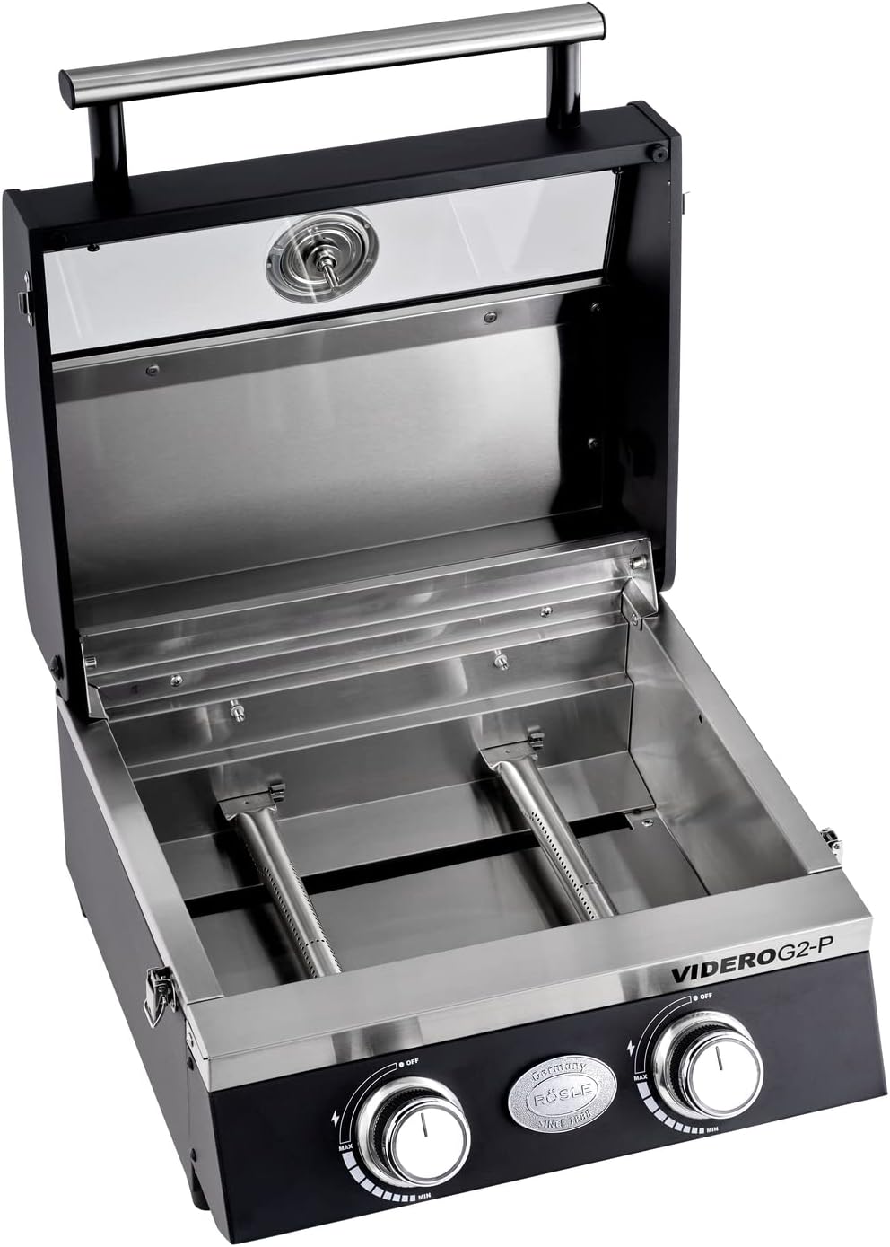 RÖSLE Gasgrill BBQ-Portable VIDERO G2-P, tragbarer Tischgrill mit 2 Edelstahlbrennern, Warmhalterost und Deckel mit Glaseinsatz sowie Deckelthermometer, pulverbeschichteter Stahl, 50 mbar