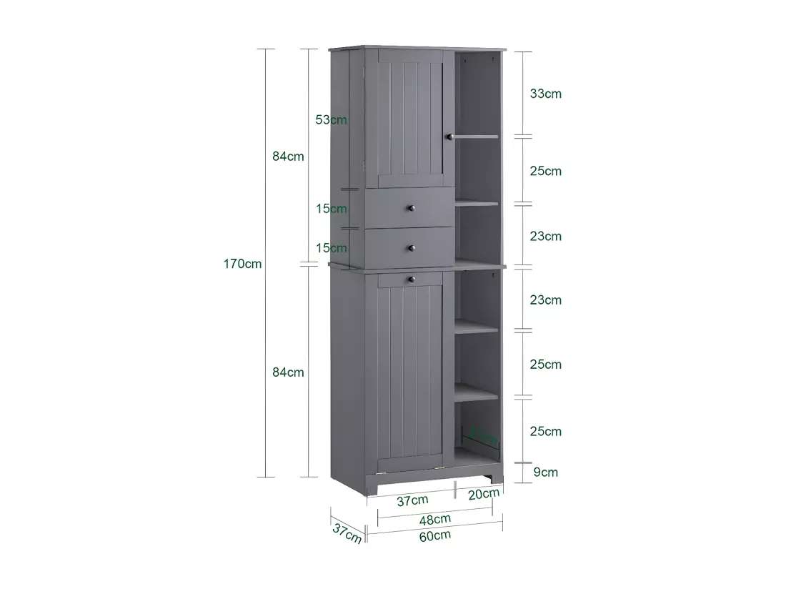 SoBuy Meuble Colonne de Salle de Bain Placard Armoire Toilette Haute Meuble de Rangement pour Salle de Bain Buanderie, avec 2 Portes et 2 Tiroirs, 6 Étagères et 1 Panier à Linge 60x37x170cm, BZR104-DG