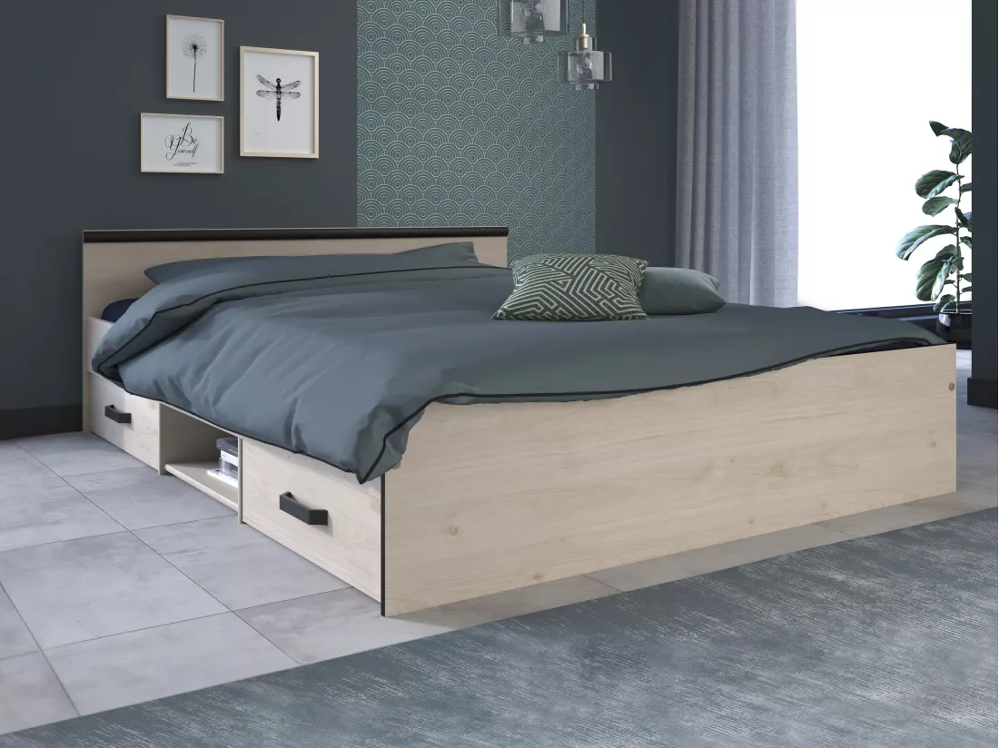 Lit avec rangements 140 x 190 cm - 2 tiroirs et 1 niche - Coloris : Naturel - PABLO