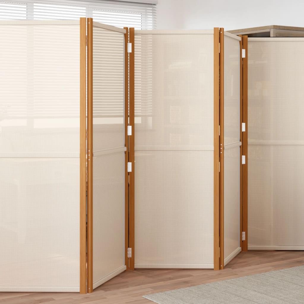 6-Panel Cream White Room Divider, 420x180 cm Solid Acacia Wood & Textilene Privacy Screen for Indoor Outdoor Spaces, Foldable Freestanding Partition Wall