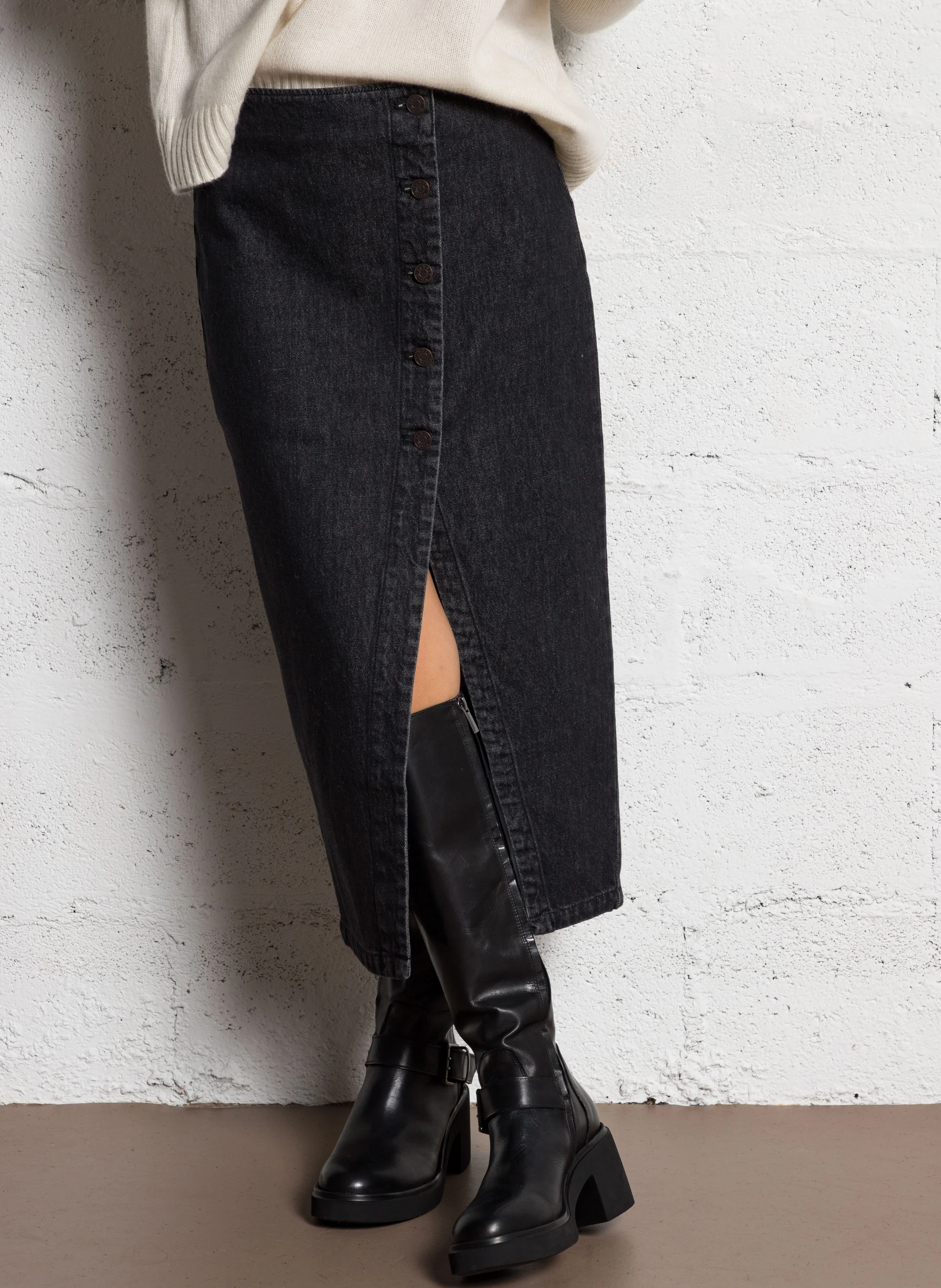 JILIAN - Jupe midi en denim de coton | Bleu