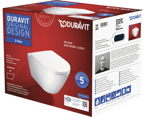 DURAVIT wandclosetset D-Neo, diepe spoeling, open rand, glanzend wit met toiletzitting 45770900A1