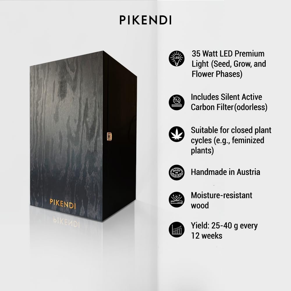 Bonsanto Pikendi Premium Schwarz Mini Grow Box, Komplett Set mit leisem Aktivkohlefilter & 35W LED, Handgefertigter Holzschrank, Kompakte, Geruchsfrei Indoor-Grow Lösung